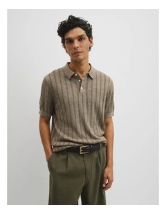 Linen Cotton Stripe Knit Polo in Dried Sage