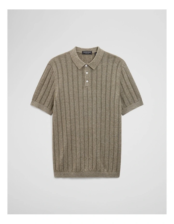 Linen Cotton Stripe Knit Polo in Dried Sage image 2