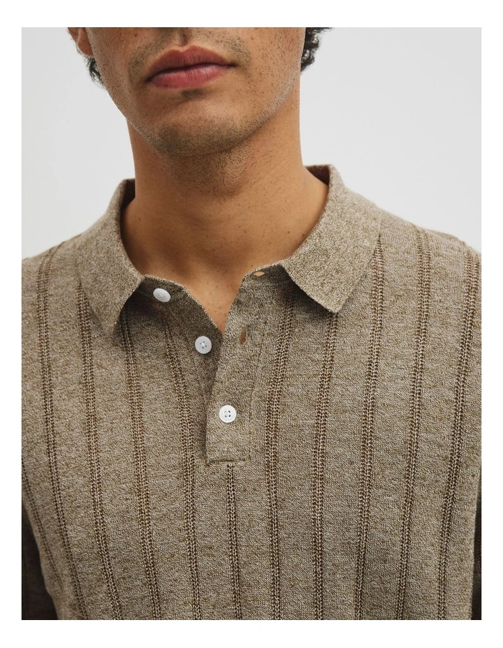 Linen Cotton Stripe Knit Polo in Dried Sage image 3