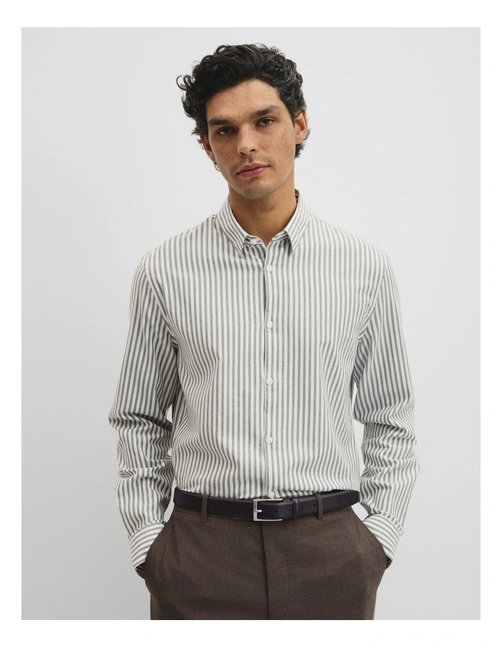 Slim Fit Cotton Stripe Shirt in Deep Khaki image 1
