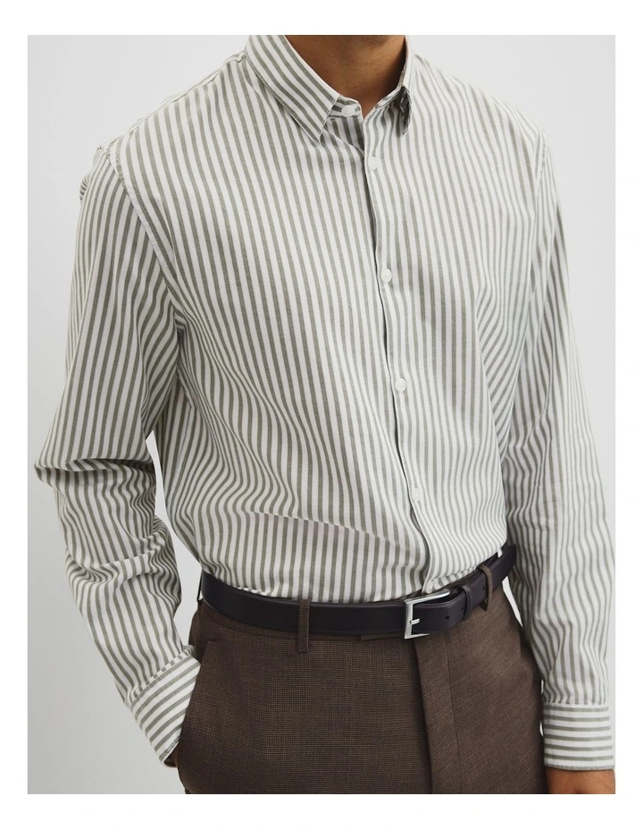 Slim Fit Cotton Stripe Shirt in Deep Khaki image 3