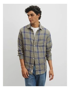Regular Fit Linen Windowpane Check Shirt in Dried Sage