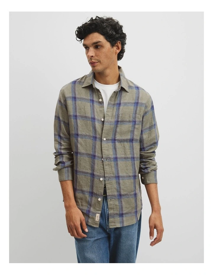 Regular Fit Linen Windowpane Check Shirt in Dried Sage image 1