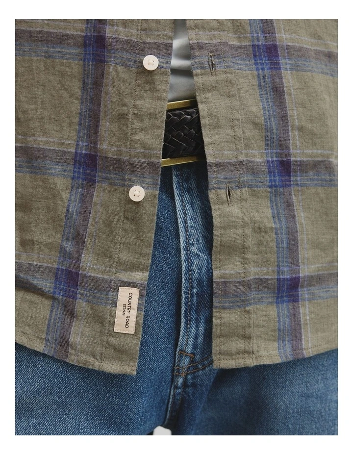 Regular Fit Linen Windowpane Check Shirt in Dried Sage image 3
