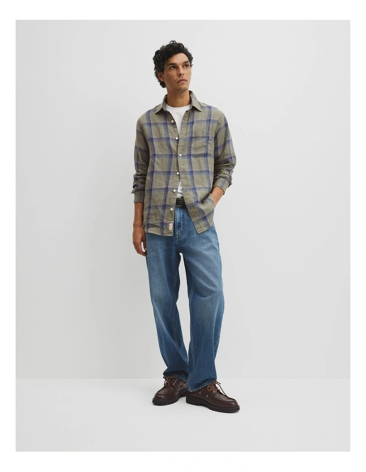 Regular Fit Linen Windowpane Check Shirt in Dried Sage image 4