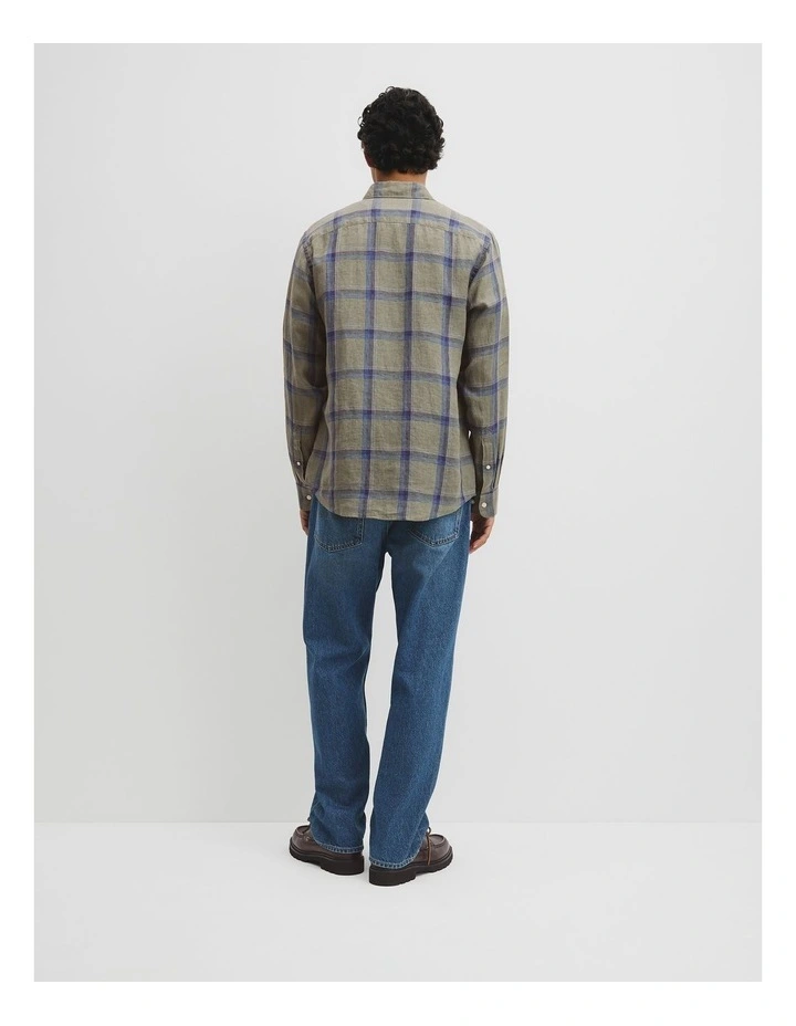 Regular Fit Linen Windowpane Check Shirt in Dried Sage image 5