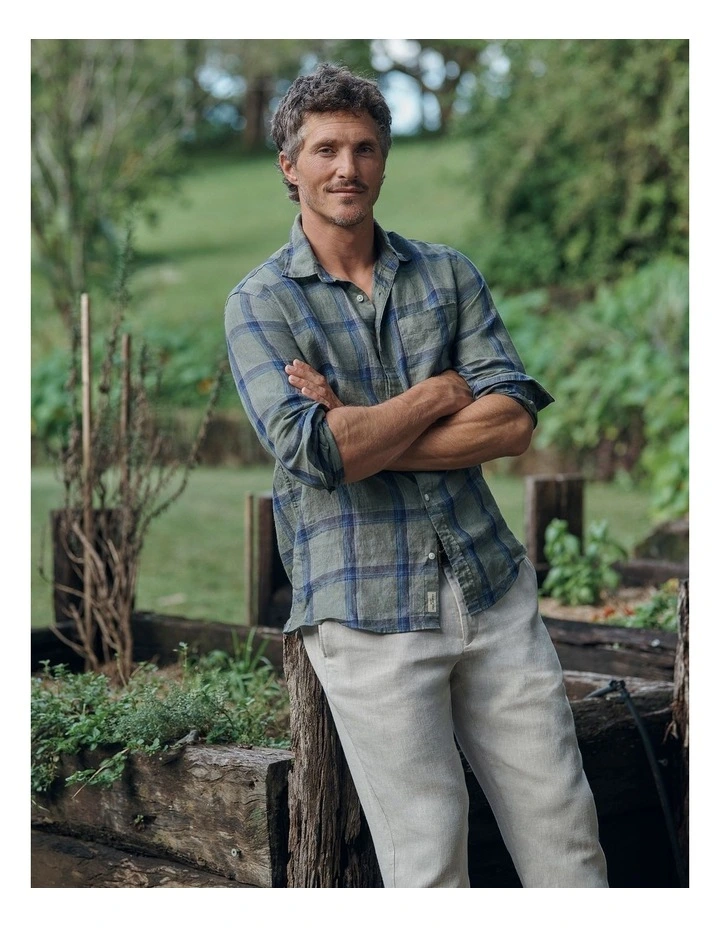 Regular Fit Linen Windowpane Check Shirt in Dried Sage image 6