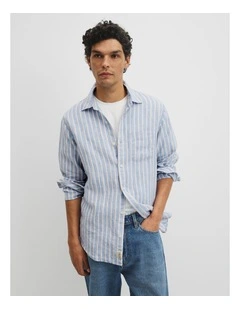 Regular Fit Linen Stripe Shirt in Steel