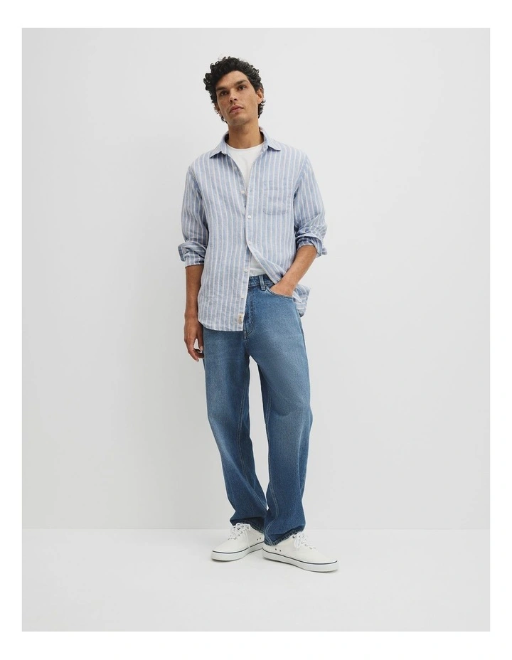 Regular Fit Linen Stripe Shirt in Steel image 4