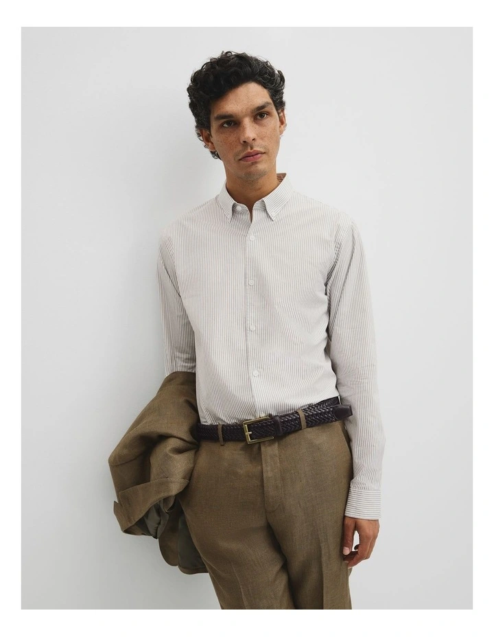 Regular Fit Cotton Stripe Shirt in Stone image 1