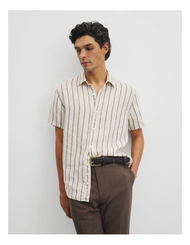 Short Sleeve Regular Fit Linen Stripe Shirt in Stone image 1