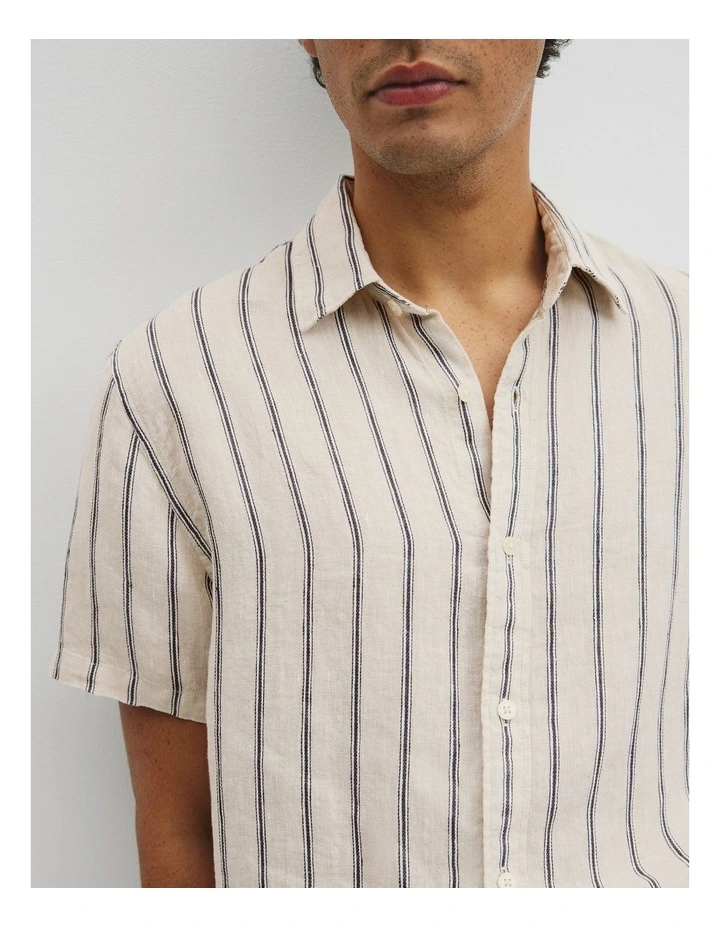 Short Sleeve Regular Fit Linen Stripe Shirt in Stone image 3