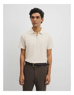 Merculalised Cotton Pique Zip Polo in Stone