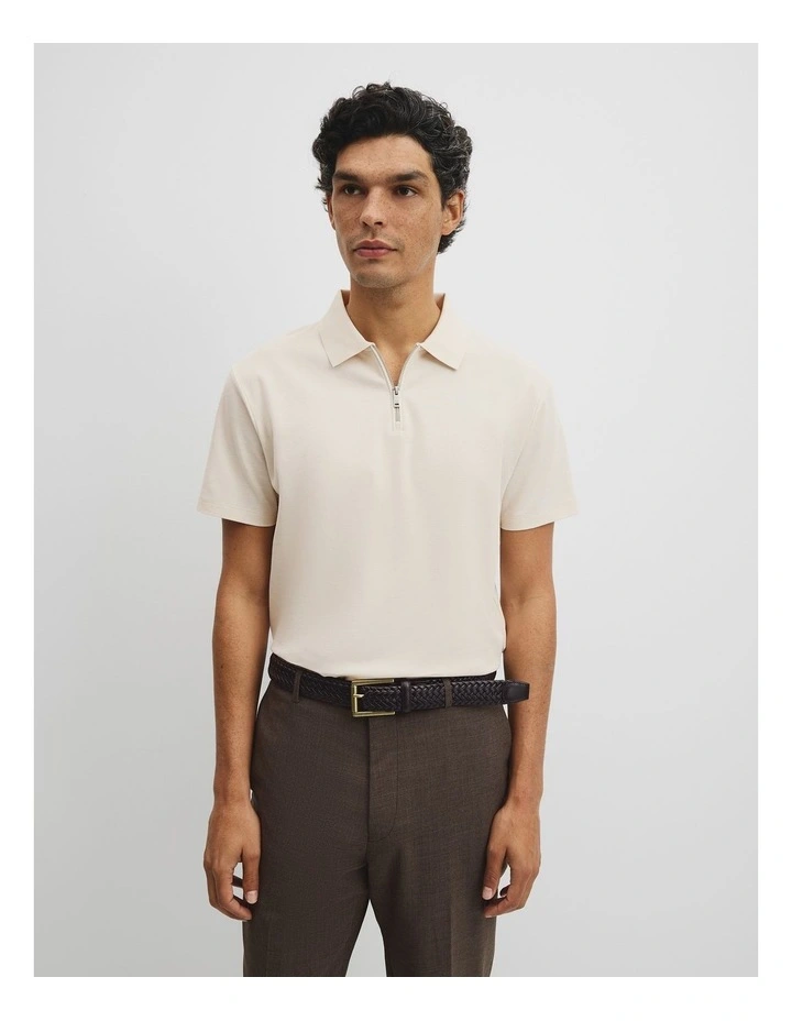 Merculalised Cotton Pique Zip Polo in Stone image 1