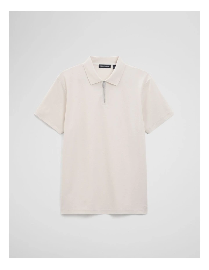 Merculalised Cotton Pique Zip Polo in Stone image 2