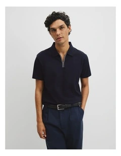 Merculalised Cotton Pique Zip Polo in Navy
