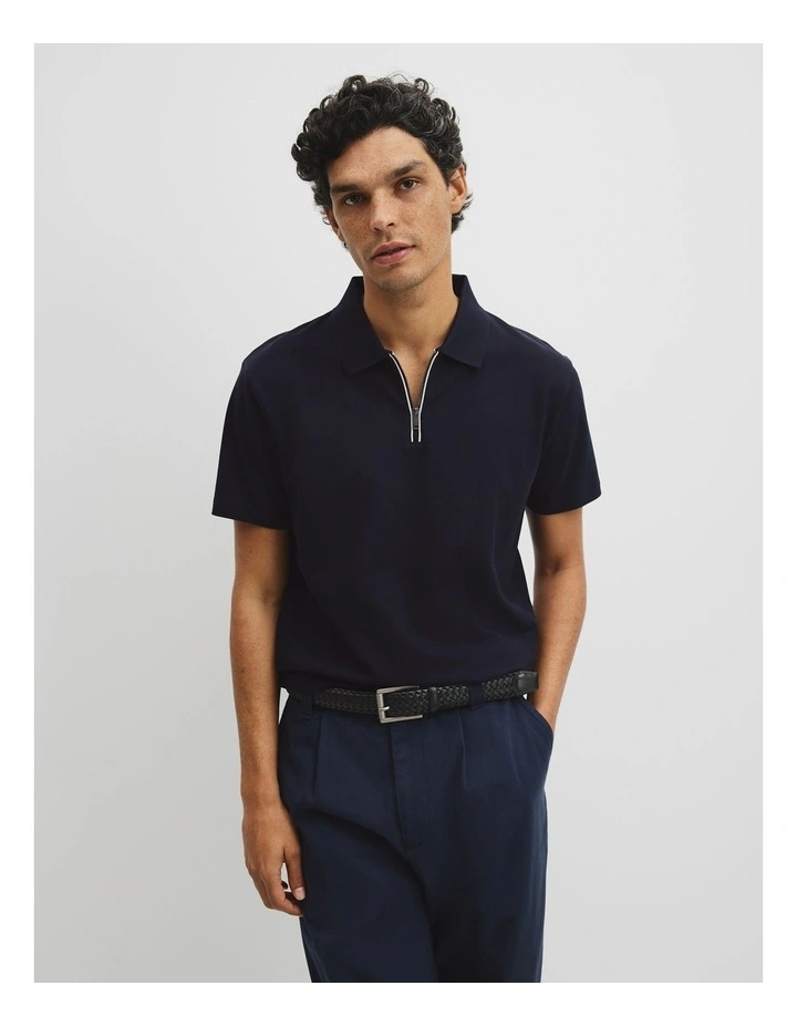 Merculalised Cotton Pique Zip Polo in Navy image 1