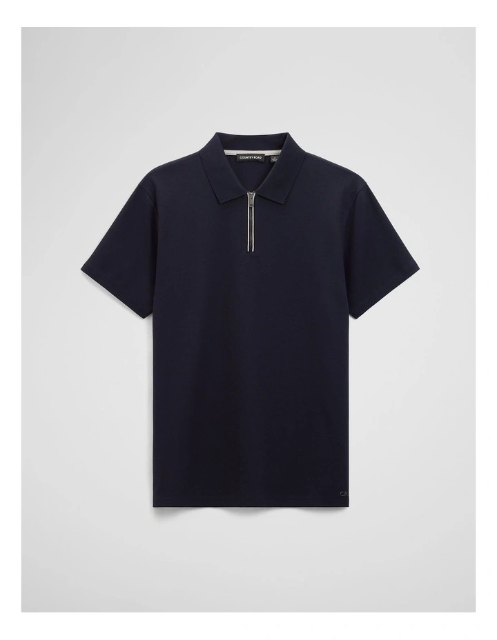 Merculalised Cotton Pique Zip Polo in Navy image 2