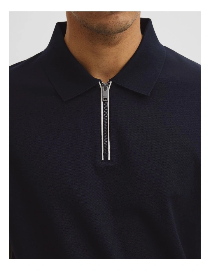 Merculalised Cotton Pique Zip Polo in Navy image 3