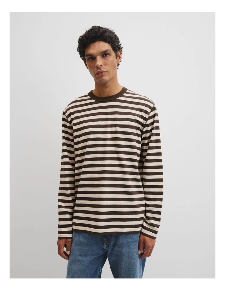 Australian Cotton Long Sleeve Stripe T-shirt in Coffee image 1