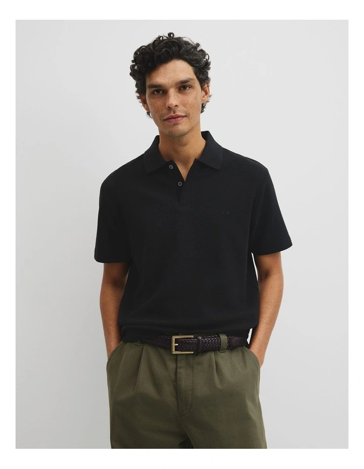 Short Sleeve Waffle Button Polo in Black image 1