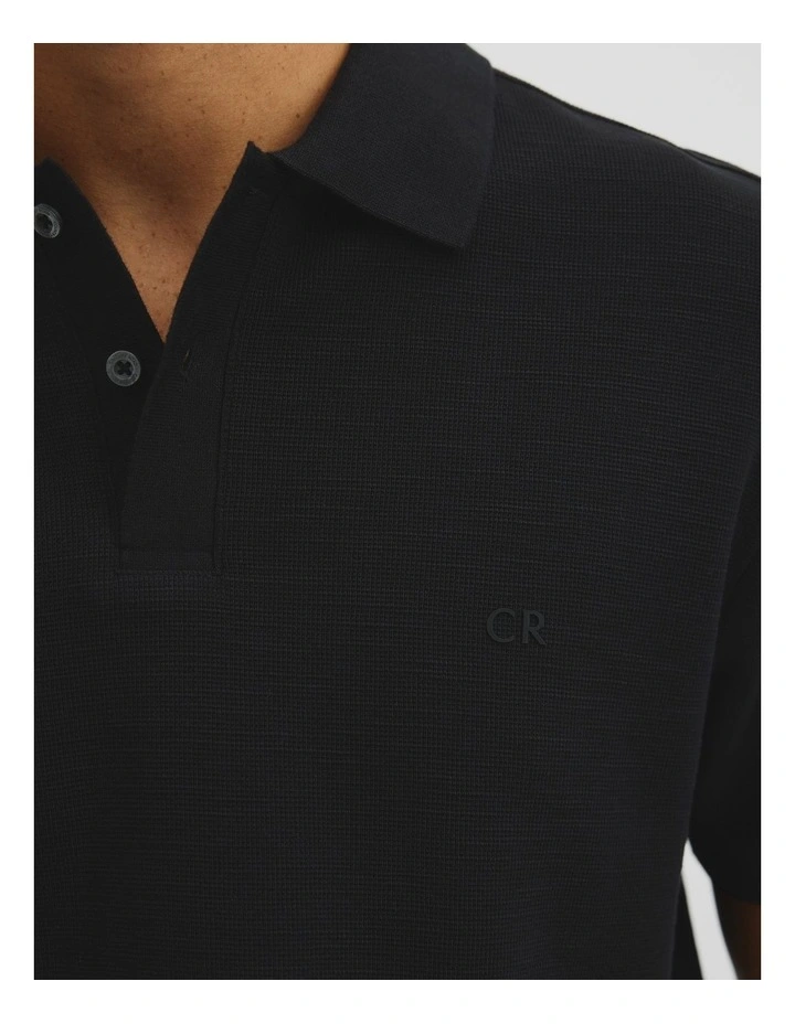 Short Sleeve Waffle Button Polo in Black image 3