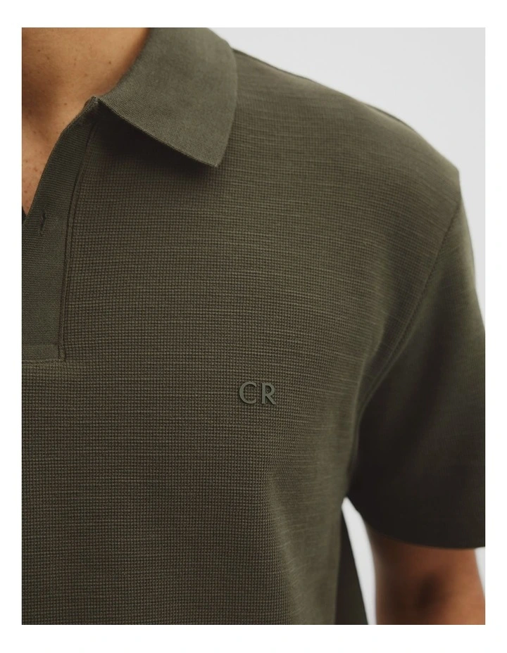 Short Sleeve Waffle Button Polo in Deep Khaki image 3