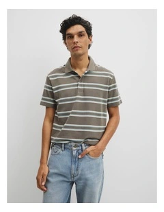 Australian Cotton Stripe Pique Polo in Dried Sage