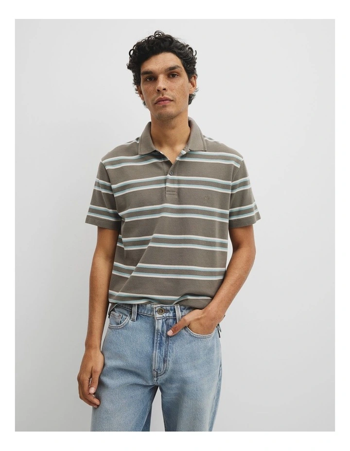 Australian Cotton Stripe Pique Polo in Dried Sage image 1