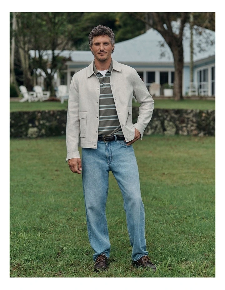 Australian Cotton Stripe Pique Polo in Dried Sage image 6