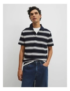 Australian Cotton Stripe Pique Polo in Navy Stripe