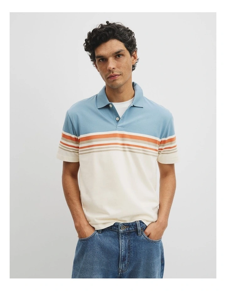 Australian Cotton Short Sleeve Engineered Button Polo in White Multi image 1