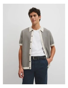Australian Cotton Jacquard Knit Shirt in Navy Multi