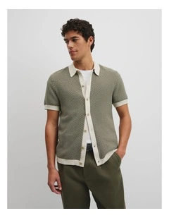 Australian Cotton Jacquard Knit Shirt in Green Multi