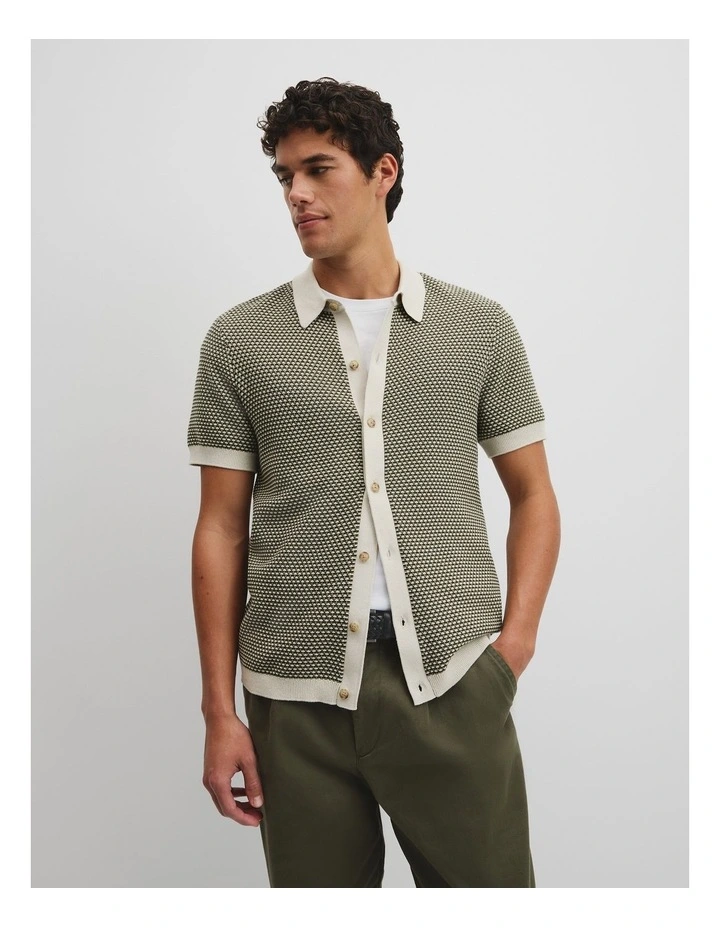 Australian Cotton Jacquard Knit Shirt in Green Multi image 1