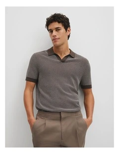 Australian Cotton Silk Blend Textured Stripe Polo in Coffee