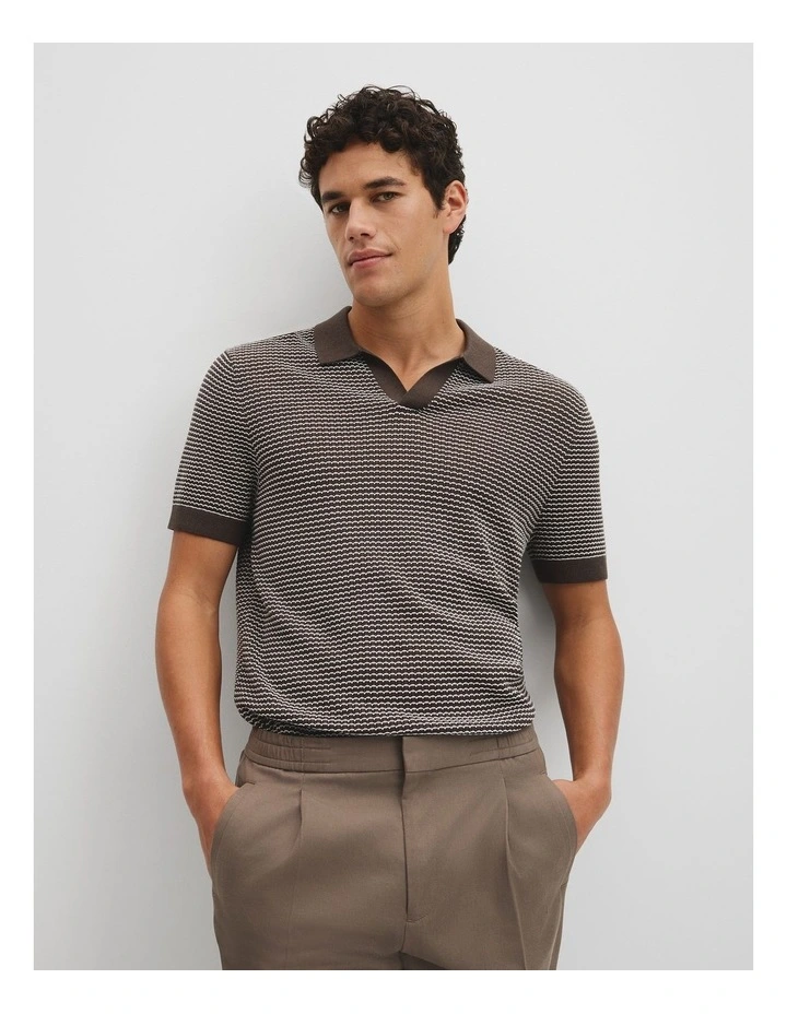 Australian Cotton Silk Blend Textured Stripe Polo in Coffee image 1