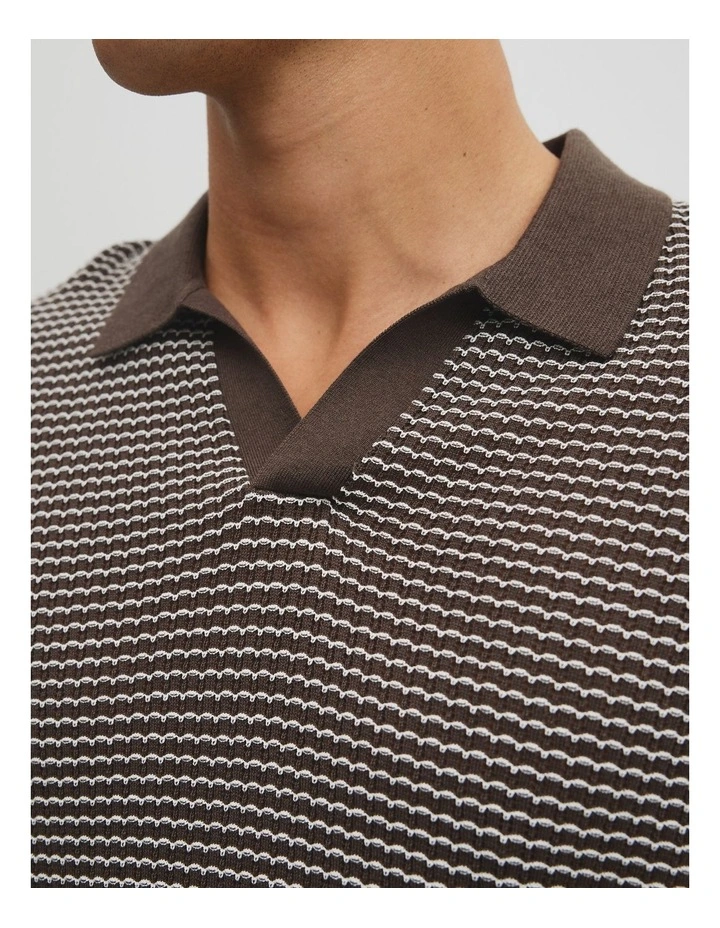 Australian Cotton Silk Blend Textured Stripe Polo in Coffee image 3