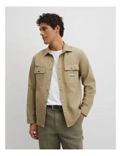 Garment Dyed Workwear Canvas Overshirt in Khaki Green