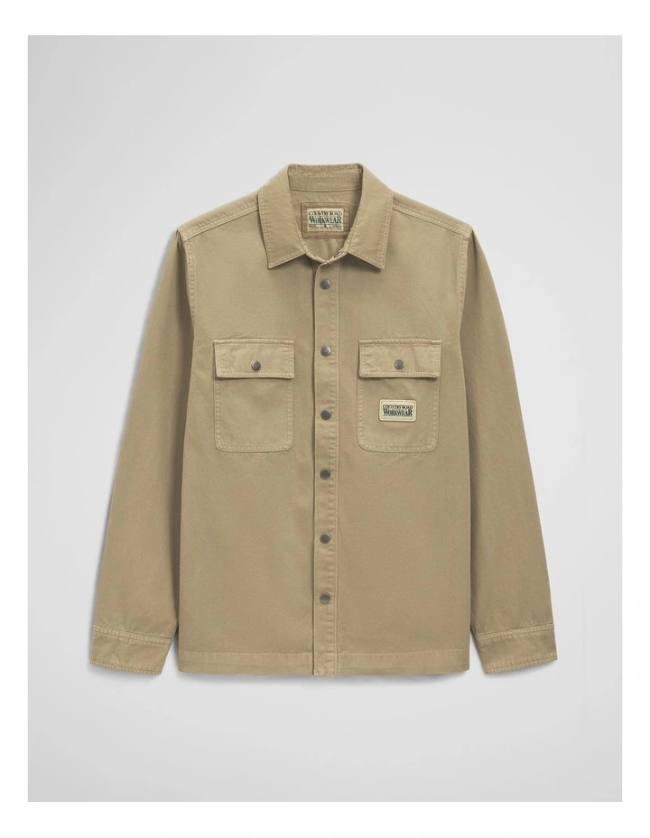 Garment Dyed Workwear Canvas Overshirt in Khaki Green image 2