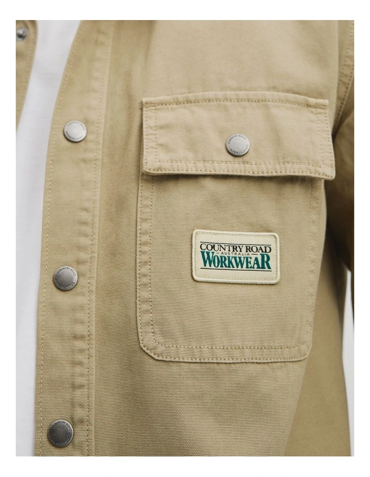Garment Dyed Workwear Canvas Overshirt in Khaki Green image 3