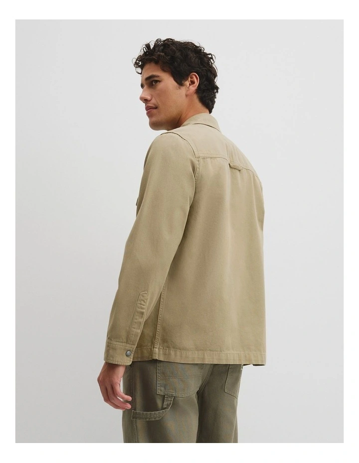 Garment Dyed Workwear Canvas Overshirt in Khaki Green image 5
