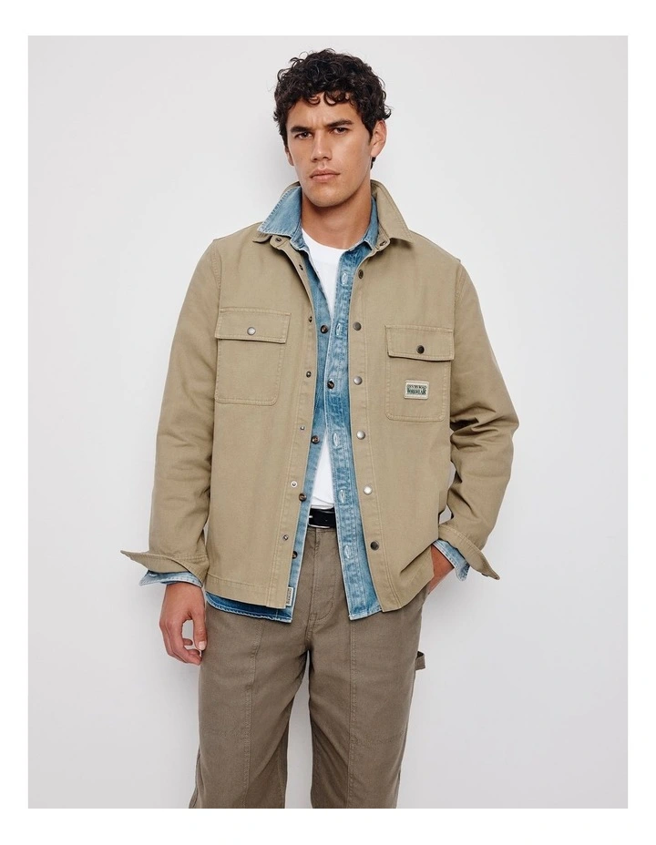 Garment Dyed Workwear Canvas Overshirt in Khaki Green image 7