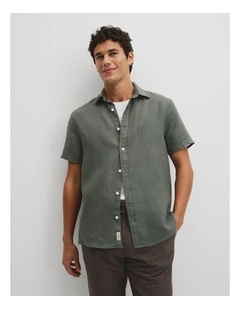 Short Sleeve Regular Fit Linen Shirt in Eucalyptus