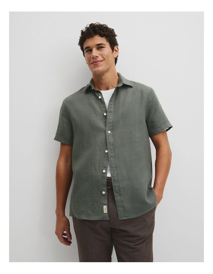 Short Sleeve Regular Fit Linen Shirt in Eucalyptus image 1