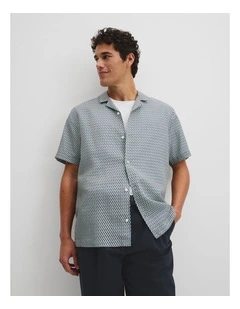 Short Sleeve Tencel Linen Geometric Print Shirt in Blue Multi