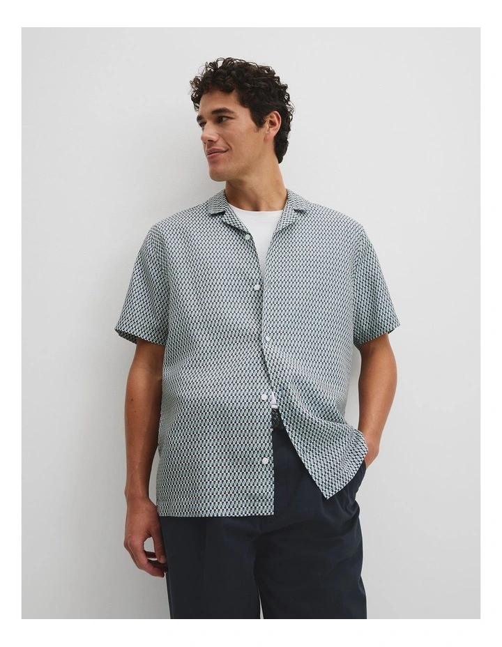 Short Sleeve Tencel Linen Geometric Print Shirt in Blue Multi image 1