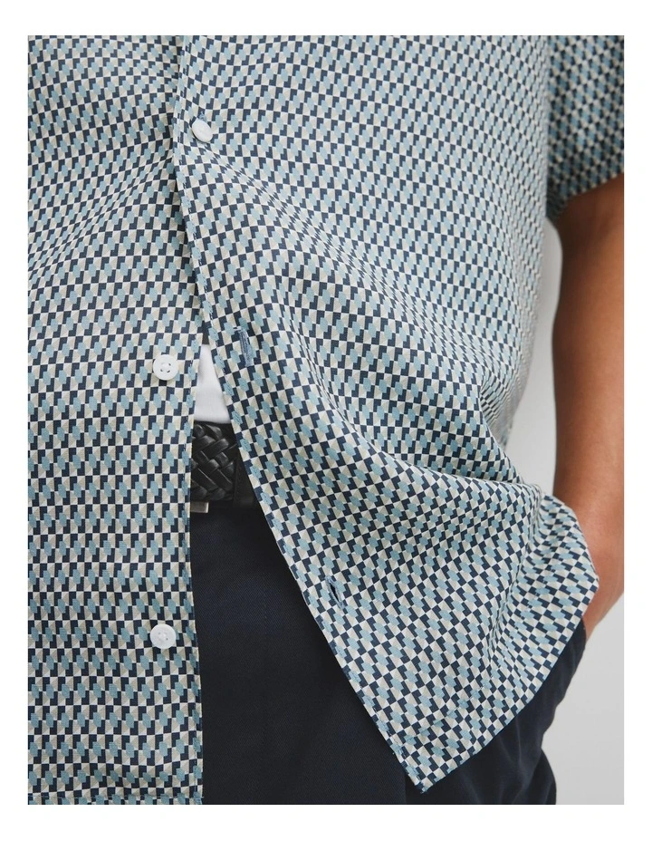 Short Sleeve Tencel Linen Geometric Print Shirt in Blue Multi image 3