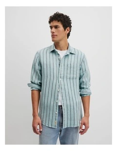 Regular Fit Linen Stripe Shirt in Eggshell Blue
