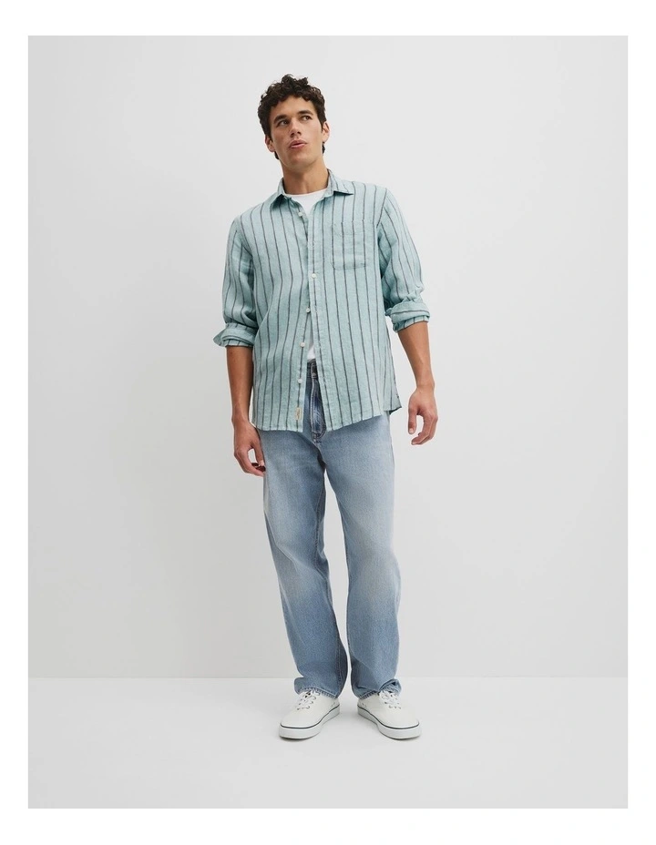 Regular Fit Linen Stripe Shirt in Eggshell Blue image 4